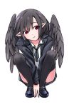  1girl alternate_costume bird_wings black_hair black_legwear black_wings bow contemporary jacket long_sleeves no_hat pointy_ears pout red_eyes shameimaru_aya shirt shoes short_hair shorts simple_background solo squatting thigh-highs tojo_(strit2p) touhou vest white_background wings 
