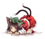  1girl :o all_fours animal_ears brown_hair cat_ears cat_tail chen ear_piercing frilled_skirt frills jewelry long_sleeves looking_at_viewer mob_cap multiple_tails nail_polish nekomata open_mouth piercing red_eyes red_nails shirt single_earring skirt skirt_set solo tail touhou toutenkou white_background 