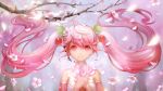  1girl cherry cherry_blossoms cherry_trees detached_sleeves flower food fruit hair_flower hair_ornament hatsune_miku headphones highres long_hair looking_at_viewer microphone necktie orry petals pink pink_eyes pink_hair sakura_miku smile solo twintails vocaloid 
