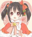  1girl :o bangs black_hair capelet christmas earrings fur_trim gloves hair_ribbon highres jewelry looking_at_viewer love_live!_school_idol_project mashuhope_(chinesere) pointing pointing_up red_eyes ribbon solo star striped striped_background twintails vertical-striped_background white_gloves yazawa_nico 