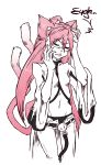  1girl animal_ears black_panties blazblue cat_ears cat_tail cellphone closed_eyes cowboy_shot glasses highres kokonoe long_hair multiple_tails navel open_fly panties phone pince-nez pink_hair ponytail smallq solo sparrow_(artist) tail two_side_up underwear unzipped 