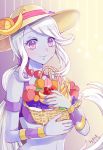  absurdres alternate_costume amiemie armband banana basket food food_as_clothes food_themed_clothes fruit grapes hat highres jewelry league_of_legends long_hair necklace orange ponytail purple_skin soraka sun_hat very_long_hair violet_eyes white_hair 