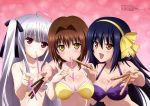  3girls :d absolute_duo absurdres ahoge bare_shoulders bikini blue_hair blush breasts brown_eyes brown_hair cleavage food food_on_face hair_intakes hair_ribbon hairband heart highres hotaka_miyabi large_breasts long_hair mouth_hold multiple_girls open_mouth outstretched_arm payot pocky purple_bikini ribbon silver_hair small_breasts smile swimsuit tachibana_tomoe_(absolute_duo) two_side_up upper_body violet_eyes white_bikini white_swimsuit yellow_bikini yellow_eyes yurie_sigtuna 