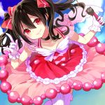  1girl \m/ angel_wings black_hair bow collar dress gloves hair_bow hiroimu looking_at_viewer love_live!_school_idol_project microphone red_eyes smile solo striped striped_legwear thigh-highs twintails white_gloves wings yazawa_nico 