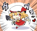  1girl ascot berutasu blonde_hair blush_stickers chibi dress fang flandre_scarlet hat hat_ribbon laevatein mob_cap one_eye_closed open_mouth puffy_short_sleeves puffy_sleeves red_dress red_eyes ribbon shirt short_sleeves side_ponytail smile solo touhou wings 