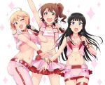  3girls arm_up armpits belt black_hair blonde_hair blue_eyes breasts brown_eyes brown_hair collarbone flat_chest hair_ornament hair_ribbon hairclip highres ibuki_tsubasa idol idolmaster idolmaster_million_live! jewelry kasuga_mirai large_breasts long_hair microphone midriff miniskirt mogami_shizuka multiple_girls navel necklace one_eye_closed open_clothes open_mouth open_vest pants red_eyes ribbon short_hair side_ponytail singing skirt skirt_set smile tsurui tubetop very_long_hair vest wrist_cuffs 