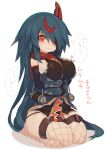  1girl blue_hair breasts eyepatch fishnet_legwear fishnets grabbing_own_breast highres large_breasts long_hair looking_at_viewer mamuru red_eyes seiza sitting solo thighs translation_request very_long_hair 