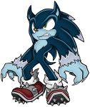  animal_ears blue_skin claws cleats commentary fangs green_eyes highres parody rb_(sparkleee-sprinkle) solo sonic sonic_the_hedgehog style_parody tail werehog 
