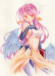  1girl angel_wings breasts feathered_wings gloves halo jibril_(no_game_no_life) long_hair looking_at_viewer low_wings magic_circle marker_(medium) midriff navel no_game_no_life pink_hair smile solo thigh-highs traditional_media white_wings wings yellow_eyes 