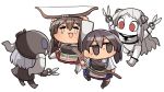  airfield_hime akagi_(kantai_collection) bow_(weapon) chibi commentary_request horns kaga_(kantai_collection) kakuzatou_(koruneriusu) kantai_collection muneate scissors simple_background sweat tears weapon wo-class_aircraft_carrier 