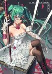  1girl aqua_hair bare_shoulders boots breasts character_name cleavage dress eyepatch frilled_dress frills gloves hatsune_miku jewelry long_hair necklace petals red_eyes ribbon smile solo soulkiller sword thigh-highs twintails vocaloid weapon 