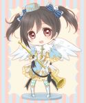  1girl angel angel_wings black_hair boots bow brooch dress gloves hair_bow hat instrument instrument_request jewelry love_live!_school_idol_project mashuhope_(chinesere) red_eyes solo standing striped striped_background thigh-highs twintails vertical-striped_background white_gloves wings yazawa_nico 