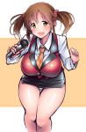  1girl blush breasts brown_eyes brown_hair do_(taka) idolmaster idolmaster_cinderella_girls knees_together large_breasts leaning_forward microphone miniskirt necktie panties scrunchie skirt smile solo thigh_gap totoki_airi twintails underwear 