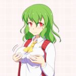  1girl ascot bouncing_breasts breast_grab breasts cato_(monocatienus) commentary_request green_hair kazami_yuuka large_breasts long_sleeves looking_at_viewer open_clothes open_vest red_eyes shirt smirk solo touhou upper_body vest 