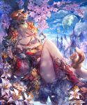 1girl animal bare_shoulders boots brown_hair building cherry_blossoms cleavage_cutout clouds copyright_name cygames detached_sleeves dress fantasy flower hair_flower hair_ornament highres lee_hyeseung light_particles long_hair moon shingeki_no_bahamut sky sleeping solo squirrel tower tree windmill 