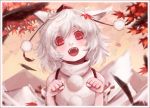  1girl animal_ears autumn_leaves bare_shoulders detached_sleeves fangs frame hat hat_ribbon hoshibuchi inubashiri_momiji looking_at_viewer open_mouth red_eyes ribbon shirt silver_hair sky solo tail tokin_hat touhou upper_body wolf_ears wolf_tail 