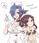  2girls arm_around_neck breasts brown_hair carol_(skullgirls) character_name choker cleavage eyepatch gloves hair_rings highres hospital_gown merry_(168cm) multiple_girls no_mask nurse painwheel_(skullgirls) red_eyes scar skullgirls stitches syringe valentine_(skullgirls) white_gloves 