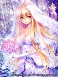  1girl bare_shoulders blonde_hair breasts bridal_veil cleavage dress elbow_gloves flower gloves long_hair official_art pochadon red_eyes seiten_ragnarok solo veil wedding_dress 