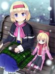  1girl a_(aaaaaaaaaaw) alice_margatroid alternate_costume bag bench blonde_hair blue_eyes book bow capelet doll dress hair_bow hairband long_hair ribbon scarf shanghai_doll short_hair snow touhou winter_clothes 