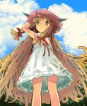  1girl alternate_costume aqua_eyes arm_up armpits bangs blonde_hair bow clouds cloudy_sky cowboy_shot dress flower from_below haguhagu_(rinjuu_circus) hair_bow hat horns ibuki_suika long_hair looking_away outdoors sketch sky smile solo standing straw_hat sundress sunflower tagme tareme touhou very_long_hair 