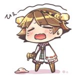  1girl brown_hair chibi crying detached_sleeves food hairband hiei_(kantai_collection) ice_cream ice_cream_cone japanese_clothes kantai_collection lowres nontraditional_miko open_mouth reimu9 short_hair solo spilled tears thigh-highs wavy_mouth wide_sleeves 