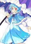  1girl blue_eyes blue_hair blush capelet heterochromia red_eyes short_hair simple_background skirt smile solo tatara_kogasa tomobe_kinuko tongue touhou umbrella white_background 