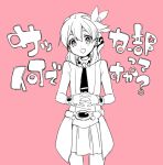  1boy character_request copyright_request cosplay cowboy_shot crossdressinging hands_together inazuma_eleven inazuma_eleven_(series) long_hair looking_at_viewer male_focus miyasaka_ryou monochrome necktie open_mouth pink_background simple_background skirt solo tomo_(sjim) 