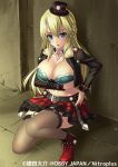  belt blonde_hair blue_eyes breast_hold breasts character_request cleavage hat jacket large_breasts looking_at_viewer midriff nitroplus official_art open_clothes open_jacket original ryuki@maguro-ex shinwa_taisen_gilgamesh_night shoes skirt thigh-highs 