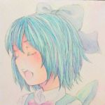  1girl blue_hair bow bowtie cirno closed_eyes collared_shirt eyelashes hair_bow ice ice_wings looking_to_the_side open_mouth portrait short_hair smile solo touhou traditional_media vest watercolor_(medium) wings yuyu_(00365676) 