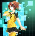  1girl aiba_ami blue_eyes brown_hair character_request digimon digimon_story:_cyber_sleuth glowing rororororo short_hair skirt solo thigh-highs 