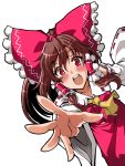  1girl ascot bare_shoulders bow brown_hair detached_sleeves hair_bow hair_tubes hakurei_reimu open_mouth outstretched_hand red_eyes saipin solo touhou white_background 