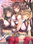  bare_shoulders black_hair blush breasts brown_hair cherry_blossoms cleavage closed_eyes crossed_arms gloves headgear kantai_collection large_breasts long_hair meropan midriff mutsu_(kantai_collection) nagato_(kantai_collection) navel one_eye_closed pleated_skirt red_eyes red_legwear short_hair sitting skirt squirrel thigh-highs umbrella yamato_(kantai_collection) 