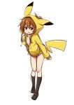  1girl :d brown_hair character_hood cosplay folded_ponytail highres hoodie inazuma_(kantai_collection) kantai_collection lightning_bolt long_hair naked_hoodie no_bra open_clothes open_hoodie open_mouth pikachu pikachu_costume plover pokemon sketch smile solo tail 
