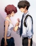  1boy 1girl aldnoah.zero blue_necktie brown_eyes brown_hair clothes_around_waist holster kaizuka_inaho looking_down midriff necktie rayet_areash redhead shirt shokupa_(skp300) short_hair shoulder_holster sleeves_rolled_up tank_top tears violet_eyes white_shirt wrist_grab 