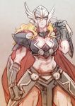 1girl armor blonde_hair blue_eyes breasts cape disk_wars:_avengers female genderswap helmet marvel midriff nikumeron solo thor_(marvel) 