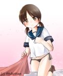  1girl black_panties blanket brown_eyes brown_hair kantai_collection kneehighs panties school_uniform serafuku shirayuki_(kantai_collection) short_twintails side-tie_panties solo twintails twitter_username underwear yoshizawa_hikoto 