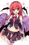  1girl :d adapted_costume alternate_costume bare_shoulders bat_wings blush breasts cheerleader cross elbow_gloves frills gloves head_wings heart heart-shaped_pupils highres koakuma large_breasts long_hair looking_at_viewer low_wings matsuri_uta midriff navel necktie open_mouth pom_poms red_eyes redhead shirt simple_background skirt skirt_set sleeveless smile solo symbol-shaped_pupils thigh-highs touhou very_long_hair white_background white_legwear wings zettai_ryouiki 