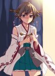  1girl blue_eyes blush brown_hair detached_sleeves hairband hanao_(kuma-tan_flash!) hiei_(kantai_collection) japanese_clothes kantai_collection nervous nontraditional_miko short_hair solo sweatdrop thigh-highs wide_sleeves 