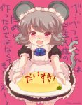  1girl alternate_costume animal_ears apron blush bow dish food frills grey_hair iris_anemone jpeg_artifacts looking_at_viewer maid maid_headdress mouse_ears mouse_tail nazrin open_mouth outstretched_arms pink_background puffy_sleeves red_eyes short_hair short_sleeves simple_background solo sweatdrop tail text touhou translation_request twitter_username wavy_mouth wrist_cuffs 
