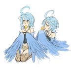  1girl ahoge artist_request blue_hair colored drawfag feathered_wings fried_chicken harpy monster_girl monster_musume_no_iru_nichijou mouth_hold multiple_views papi_(monster_musume) simple_background sketch talons white_background wings yellow_eyes 