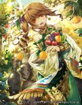  1girl blush brown_hair bun-o carrying food fruit guardian_cross hat holding holding_fruit long_hair official_art open_mouth solo 