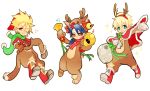  3boys animal_costume antlers archer_(fate/prototype) bell blonde_hair blue_hair chibi fate/prototype fate_(series) green_eyes lancer_(fate/prototype) multiple_boys red_eyes reindeer_antlers reindeer_costume saber_(fate/prototype) scarf touwa 