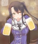  1girl alcohol beer beer_mug black_hair brown_eyes commentary kantai_collection long_hair looking_at_viewer nachi_(kantai_collection) open_mouth side_ponytail solo tokoi 