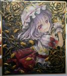  1girl commentary_request dress fang hat hat_ribbon looking_at_viewer mob_cap mosho open_mouth painting_(object) pink_eyes puffy_short_sleeves puffy_sleeves remilia_scarlet ribbon sash short_sleeves silver_hair smile solo touhou traditional_media watercolor_(medium) white_dress wrist_cuffs 