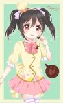  1girl :p black_hair bow character_name chef_hat chocolate chocolate_heart hair_bow hairband hat heart highres looking_at_viewer love_live!_school_idol_project mashuhope_(chinesere) red_eyes ribbon skirt solo spoken_heart thigh-highs tongue tongue_out twintails valentine yazawa_nico 