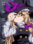  1girl blonde_hair bow braid bwell character_name grin hair_bow hat kirisame_marisa long_hair one_eye_closed smile solo touhou witch_hat yellow_eyes 