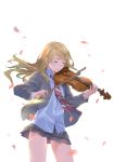  1girl blonde_hair closed_eyes highres instrument kishida_nica long_hair miyazono_kawori petals school_uniform shigatsu_wa_kimi_no_uso smile solo tears violin 