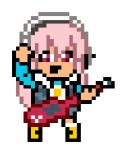  1girl downtown_nekketsu_monogatari electric_guitar guitar headphones instrument long_hair looking_at_viewer lowres nitroplus official_art open_mouth pink_hair pixel_art playing_instrument red_eyes smile solo super_sonico 