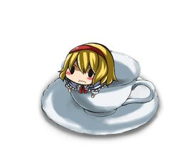  1girl alice_margatroid blonde_hair blush_stickers cup hairband minigirl reimu9 saucer short_hair solo teacup touhou wavy_mouth 