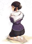  ass brown_hair from_behind kantai_collection kneeling looking_at_viewer looking_back myoukou_(kantai_collection) pochi_(pochi-goya) short_hair skirt undressing 